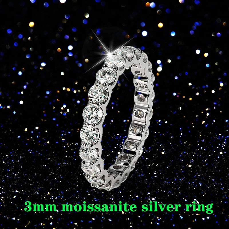 0,1ct 3mm D VVS Moissanite Full Eternity Band Ring – 925 Sterling Silver Engagement & Party Jewels for Women