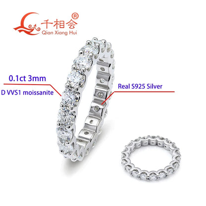 0,1ct 3mm D VVS Moissanite Full Eternity Band Ring – 925 Sterling Silver Engagement & Party Jewels for Women