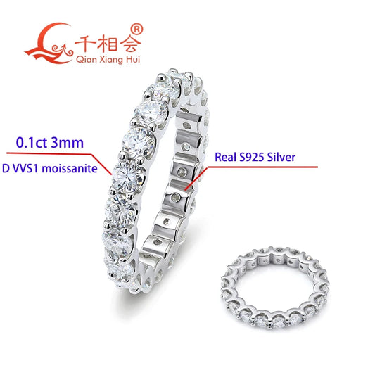0,1ct 3mm D VVS Moissanite Full Eternity Band Ring – 925 Sterling Silver Engagement & Party Jewels for Women