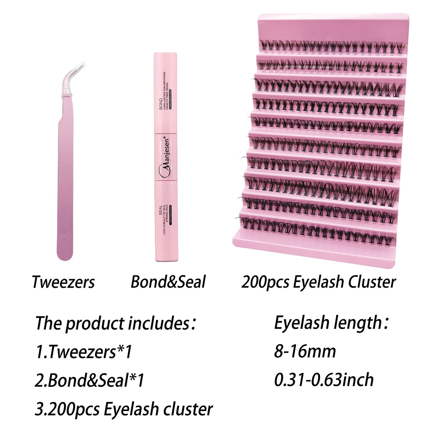 MAN’JE’SEN DIY Eyelash Extension Kit – 200PCS Lash Clusters with Lash Bond & Seal, Professional Makeup Tools for Gluing Lashes