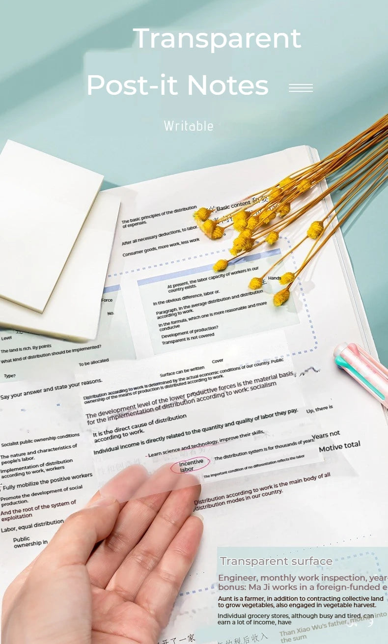 50 arkkia Läpinäkyvät tarravihkot – vedenpitävä viesti ja allekirjoitustarrat muistikirjoihin