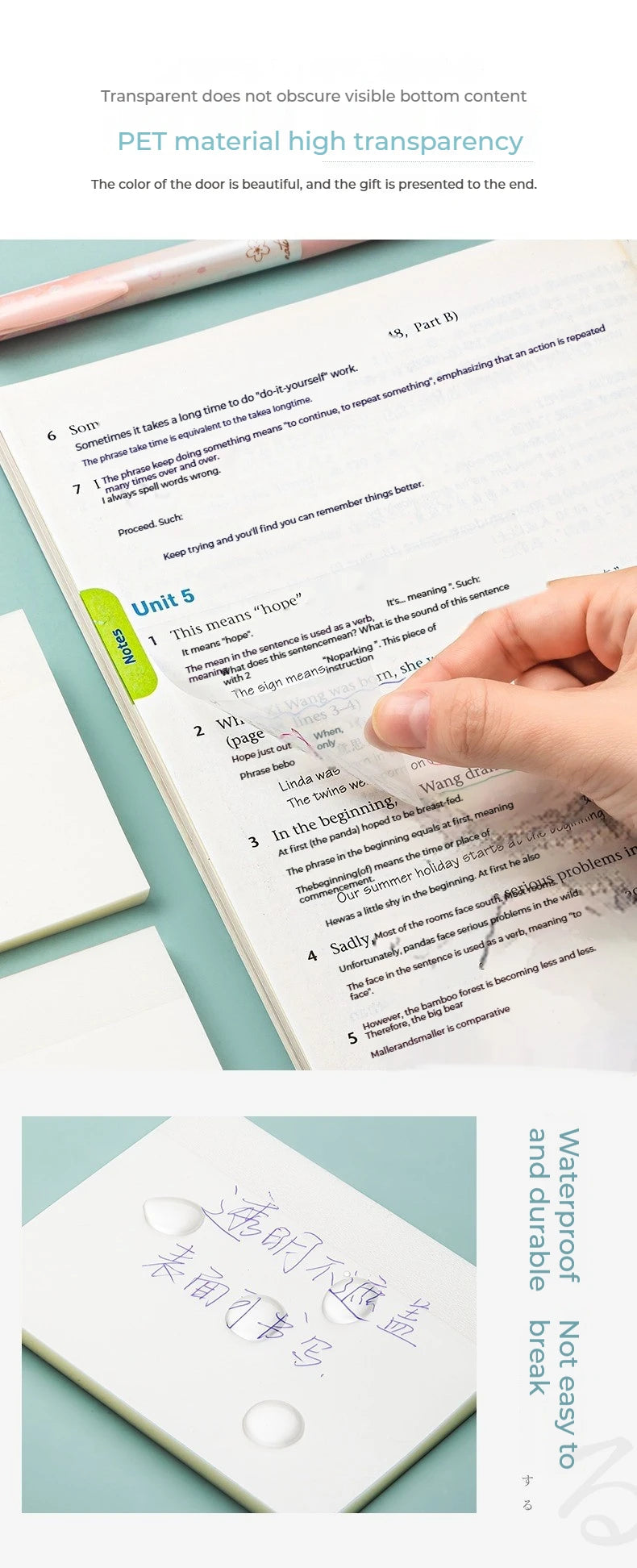 50 arkkia Läpinäkyvät tarravihkot – vedenpitävä viesti ja allekirjoitustarrat muistikirjoihin