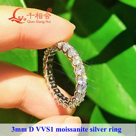 0,1ct 3mm D VVS Moissanite Full Eternity Band Ring – 925 Sterling Silver Engagement & Party Jewels for Women